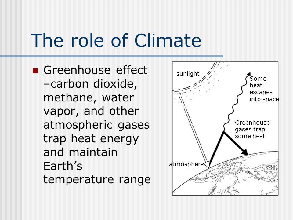 The role of Climate Greenhouse effect –carbon dioxide, methane, water vapor, and other atmospheric gases trap heat energy and maintain Earth’s temperature range sunlight atmosphere Greenhouse gases trap some heat Some heat escapes into space