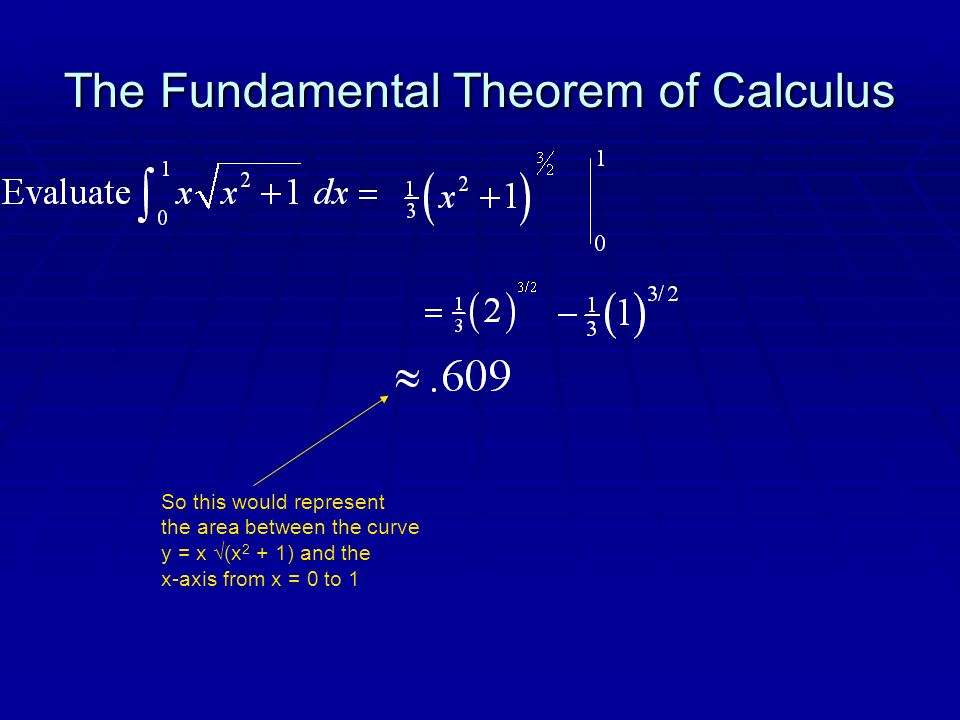 The Fundamental Theorem of Calculus So this would represent the area between the curve y = x √(x 2 + 1) and the x-axis from x = 0 to 1