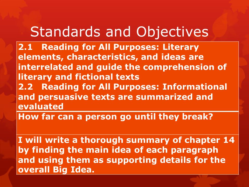 Standards and Objectives 2.1 Reading for All Purposes: Literary elements, characteristics, and ideas are interrelated and guide the comprehension of literary and fictional texts 2.2 Reading for All Purposes: Informational and persuasive texts are summarized and evaluated How far can a person go until they break.