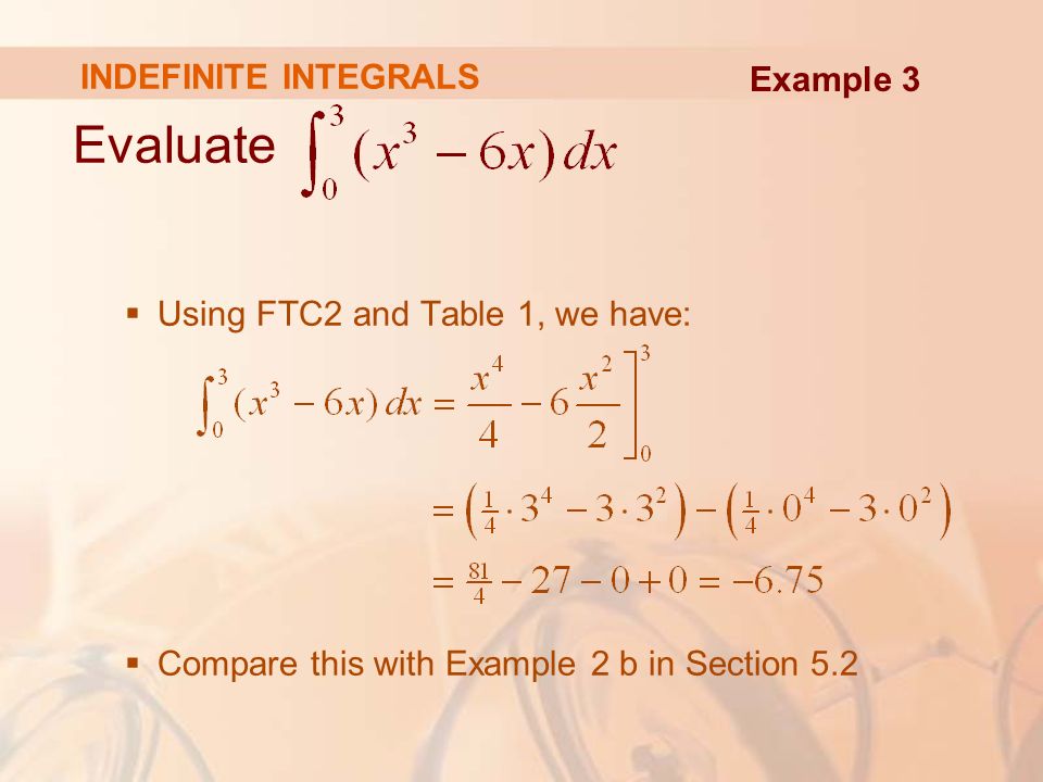 INDEFINITE INTEGRALS Evaluate  Using FTC2 and Table 1, we have:  Compare this with Example 2 b in Section 5.2 Example 3