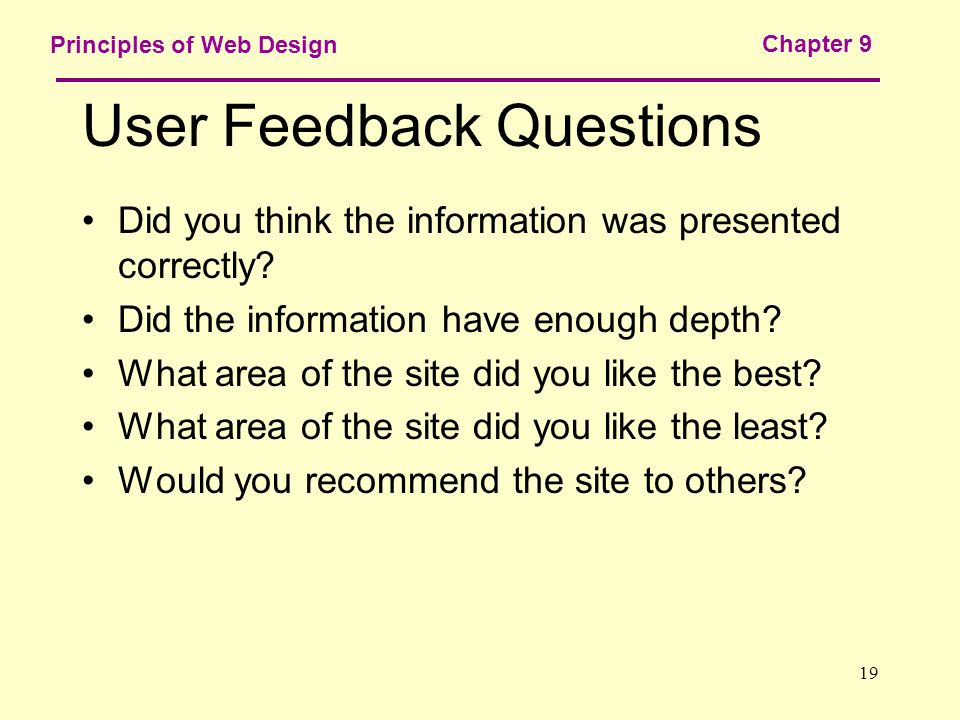 19 Principles of Web Design Chapter 9 User Feedback Questions Did you think the information was presented correctly.