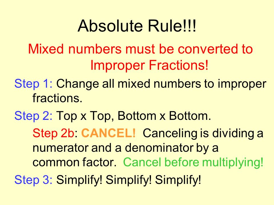 Absolute Rule!!. Mixed numbers must be converted to Improper Fractions.