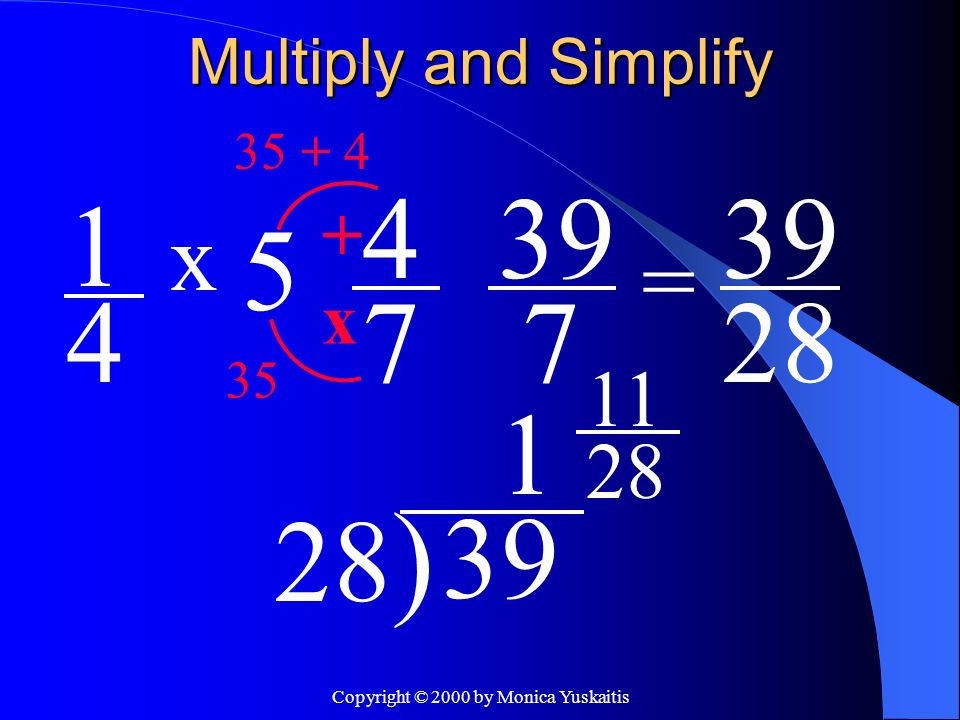 Copyright © 2000 by Monica Yuskaitis Multiply and Simplify 1 4 = x 4 7 x )