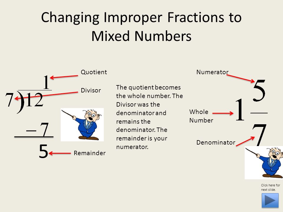 Changing Improper Fractions to Mixed Numbers The quotient becomes the whole number.