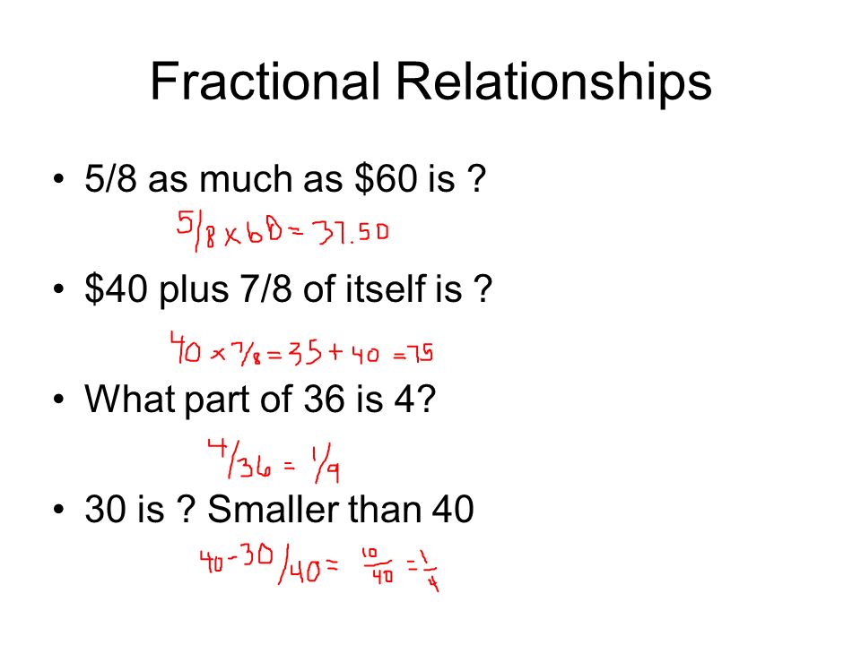 Fractional Relationships 5/8 as much as $60 is . $40 plus 7/8 of itself is .