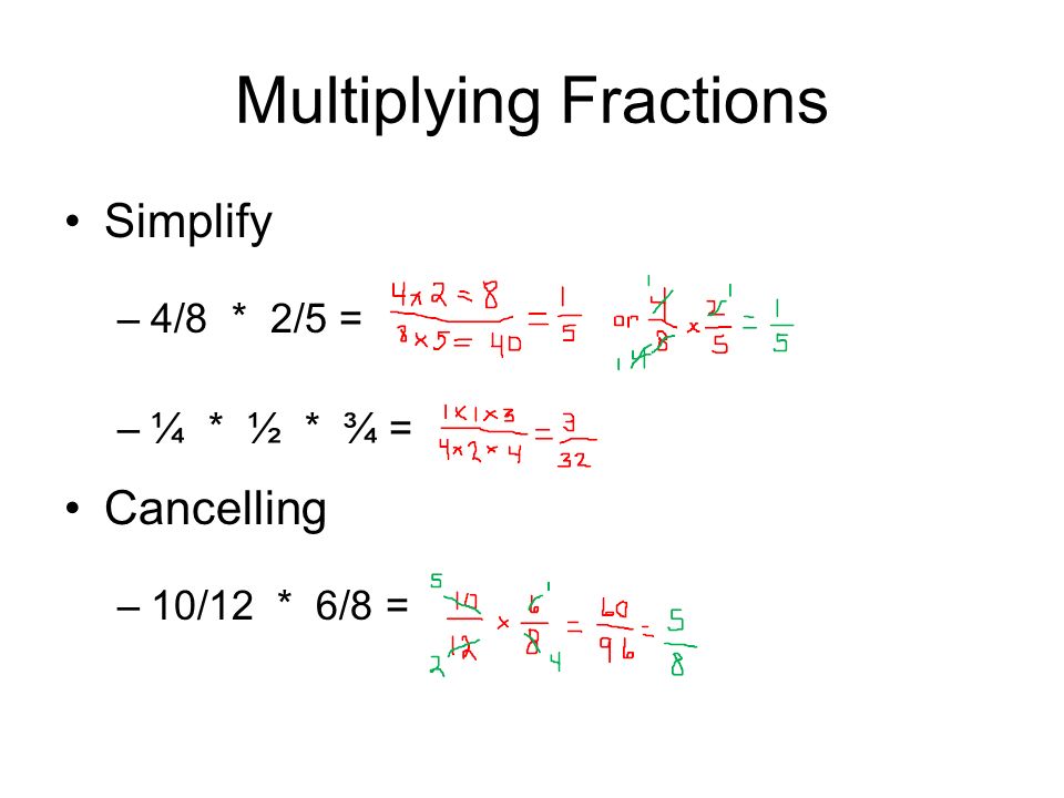 Multiplying Fractions Simplify –4/8 * 2/5 = –¼ * ½ * ¾ = Cancelling –10/12 * 6/8 =