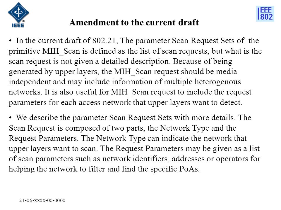 21-06-xxxx Amendment to the current draft In the current draft of , The parameter Scan Request Sets of the primitive MIH_Scan is defined as the list of scan requests, but what is the scan request is not given a detailed description.