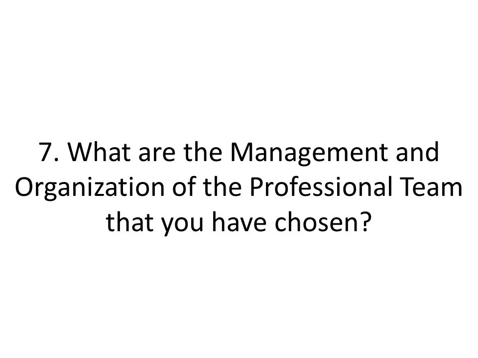 7. What are the Management and Organization of the Professional Team that you have chosen