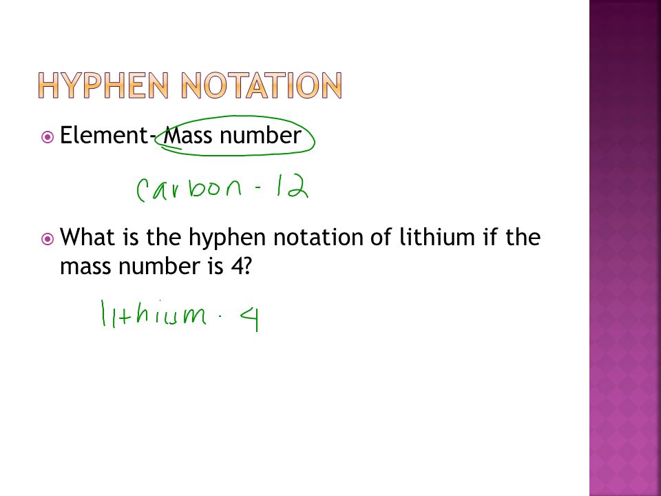 Element- Mass number  What is the hyphen notation of lithium if the mass number is 4