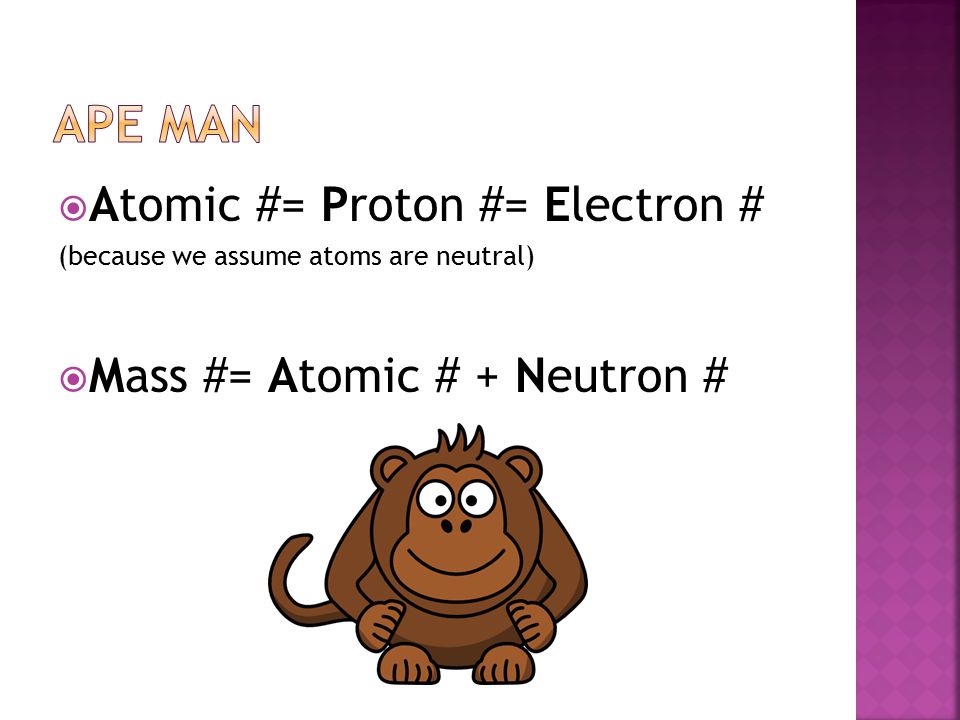  Atomic #= Proton #= Electron # (because we assume atoms are neutral)  Mass #= Atomic # + Neutron #