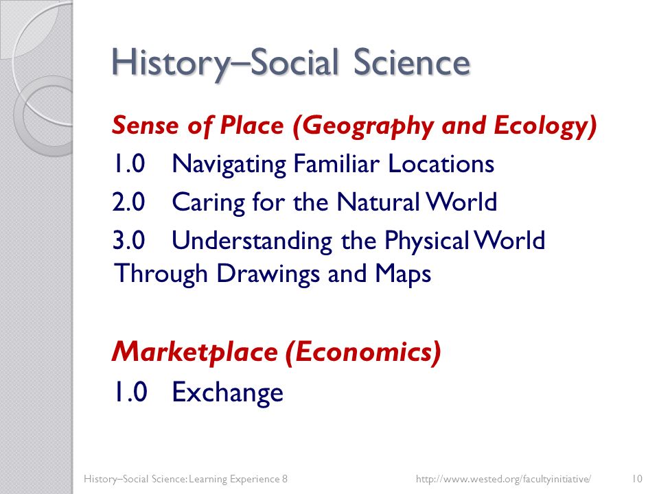 History – Social Science Sense of Place (Geography and Ecology) 1.0Navigating Familiar Locations 2.0Caring for the Natural World 3.0Understanding the Physical World Through Drawings and Maps Marketplace (Economics) 1.0Exchange History–Social Science: Learning Experience 8