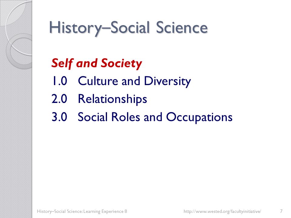 History – Social Science Self and Society 1.0Culture and Diversity 2.0Relationships 3.0Social Roles and Occupations History–Social Science: Learning Experience 8