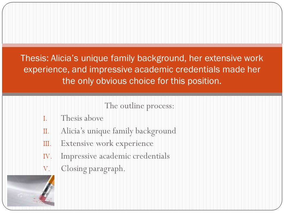 The outline process: I. Thesis above II. Alicia’s unique family background III.