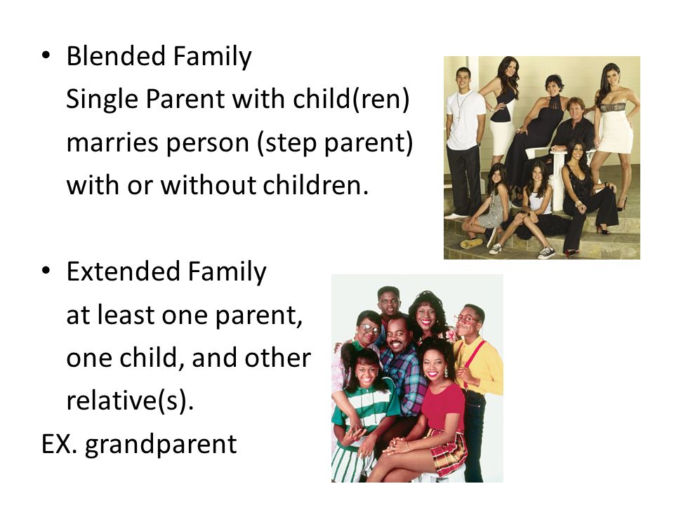 Blended Family Single Parent with child(ren) marries person (step parent) with or without children.