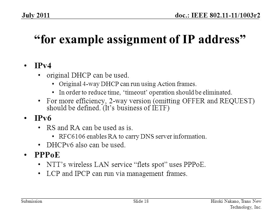 Submission doc.: IEEE /1003r2July 2011 Hiroki Nakano, Trans New Technology, Inc.