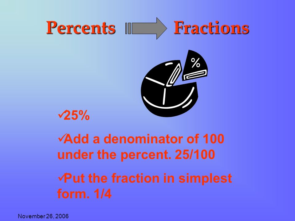 november 26 2006 an introduction to fraction decimal and percent 24 100 in simplest form