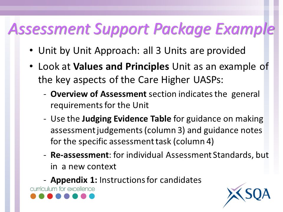 Assessment Support Package Example Unit by Unit Approach: all 3 Units are provided Look at Values and Principles Unit as an example of the key aspects of the Care Higher UASPs: -Overview of Assessment section indicates the general requirements for the Unit -Use the Judging Evidence Table for guidance on making assessment judgements (column 3) and guidance notes for the specific assessment task (column 4) -Re-assessment: for individual Assessment Standards, but in a new context -Appendix 1: Instructions for candidates
