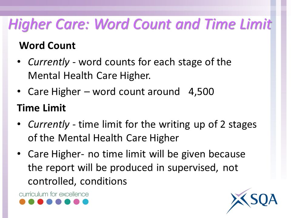 Higher Care: Word Count and Time Limit Word Count Currently - word counts for each stage of the Mental Health Care Higher.