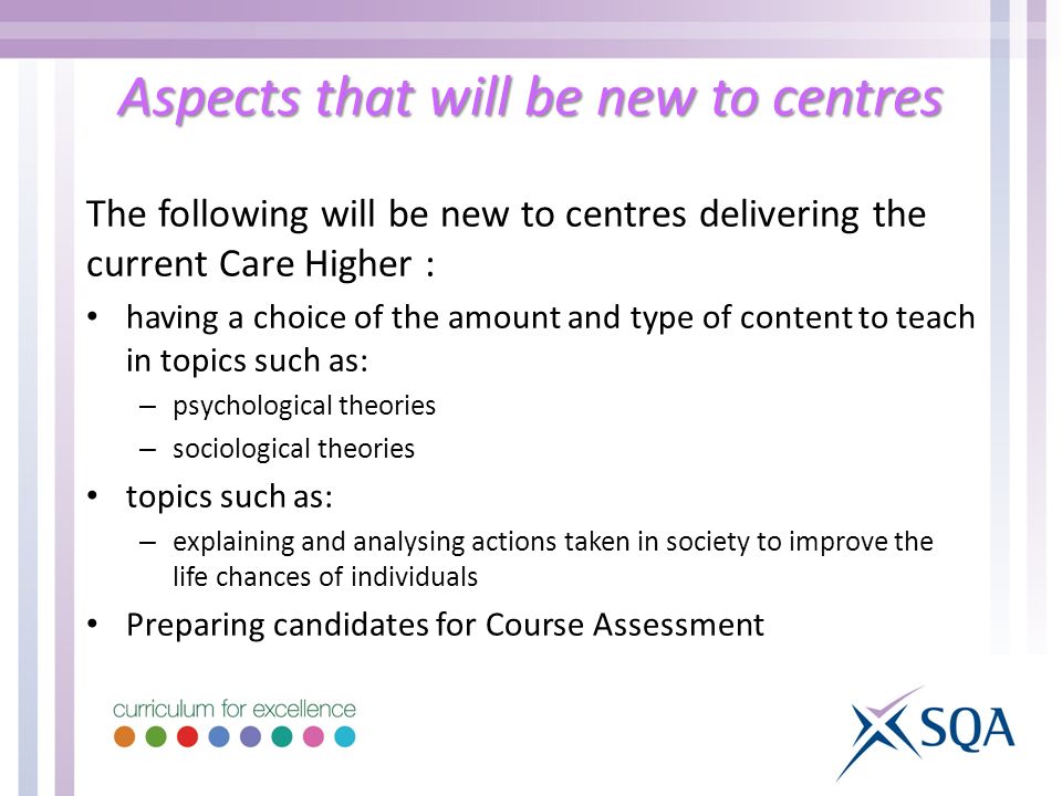 The following will be new to centres delivering the current Care Higher : having a choice of the amount and type of content to teach in topics such as: – psychological theories – sociological theories topics such as: – explaining and analysing actions taken in society to improve the life chances of individuals Preparing candidates for Course Assessment Aspects that will be new to centres