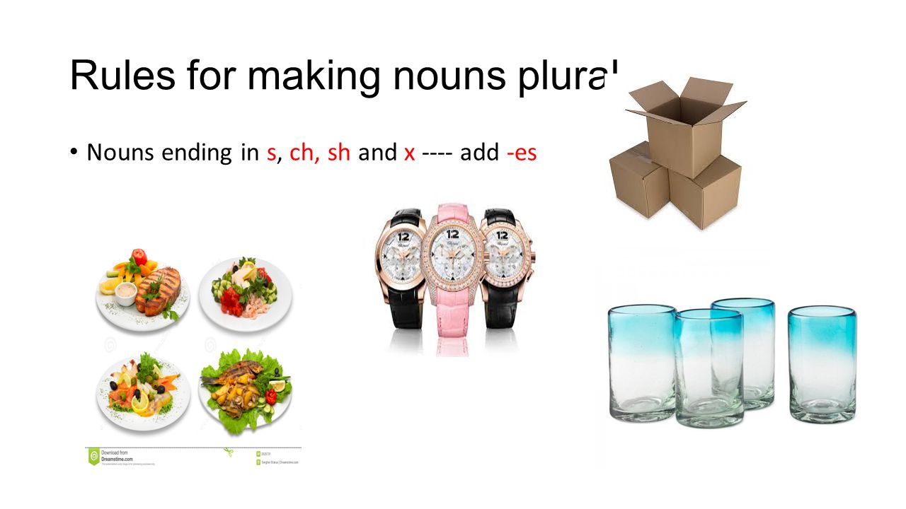 Rules for making nouns plural Nouns ending in s, ch, sh and x ---- add -es