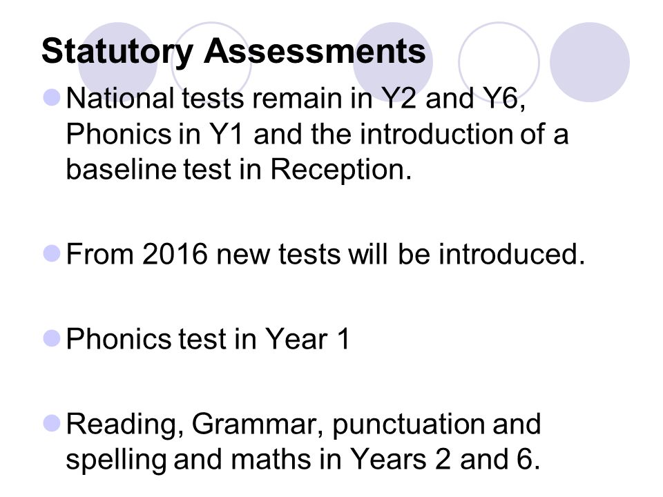 Statutory Assessments National tests remain in Y2 and Y6, Phonics in Y1 and the introduction of a baseline test in Reception.
