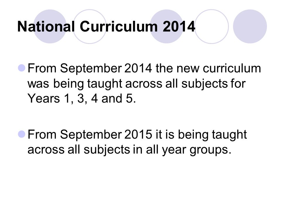 National Curriculum 2014 From September 2014 the new curriculum was being taught across all subjects for Years 1, 3, 4 and 5.