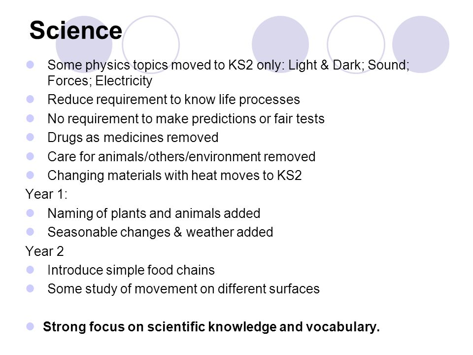 Science Some physics topics moved to KS2 only: Light & Dark; Sound; Forces; Electricity Reduce requirement to know life processes No requirement to make predictions or fair tests Drugs as medicines removed Care for animals/others/environment removed Changing materials with heat moves to KS2 Year 1: Naming of plants and animals added Seasonable changes & weather added Year 2 Introduce simple food chains Some study of movement on different surfaces Strong focus on scientific knowledge and vocabulary.