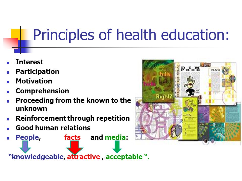 Principles of health education: Interest Participation Motivation Comprehension Proceeding from the known to the unknown Reinforcement through repetition Good human relations People, facts and media: knowledgeable, attractive, acceptable .