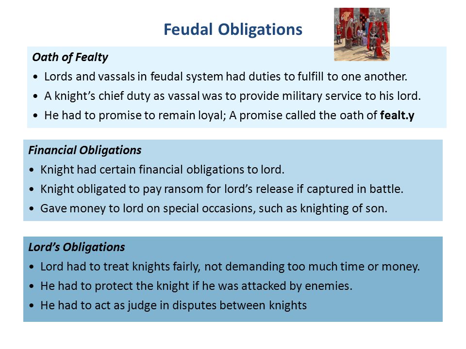 Oath of Fealty Lords and vassals in feudal system had duties to fulfill to one another.