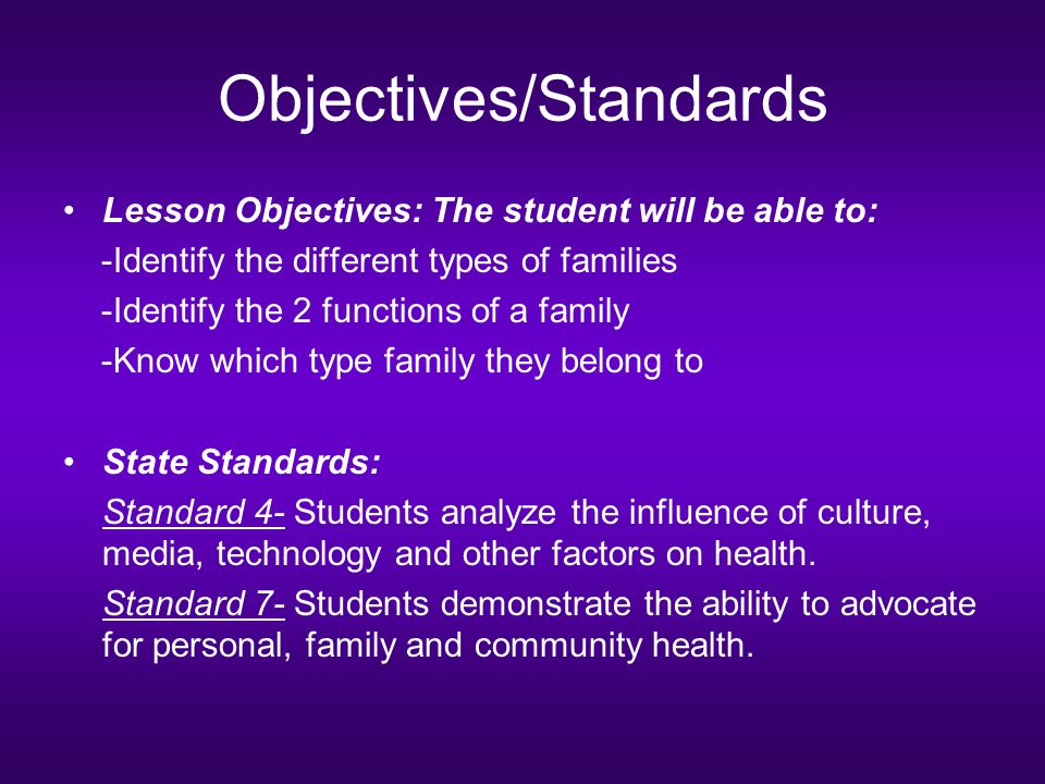 Objectives/Standards Lesson Objectives: The student will be able to: -Identify the different types of families -Identify the 2 functions of a family -Know which type family they belong to State Standards: Standard 4- Students analyze the influence of culture, media, technology and other factors on health.