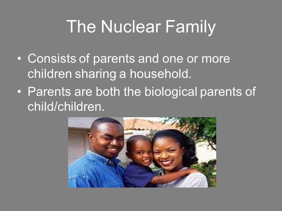 The Nuclear Family Consists of parents and one or more children sharing a household.