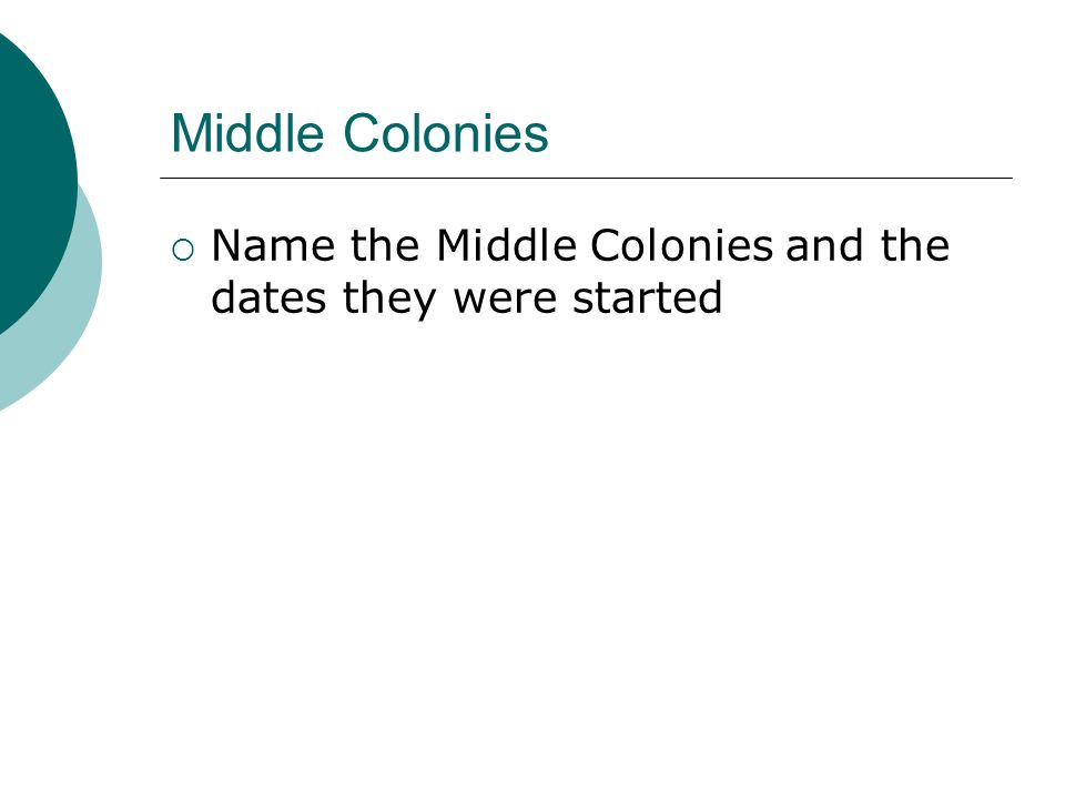 Middle Colonies  Name the Middle Colonies and the dates they were started