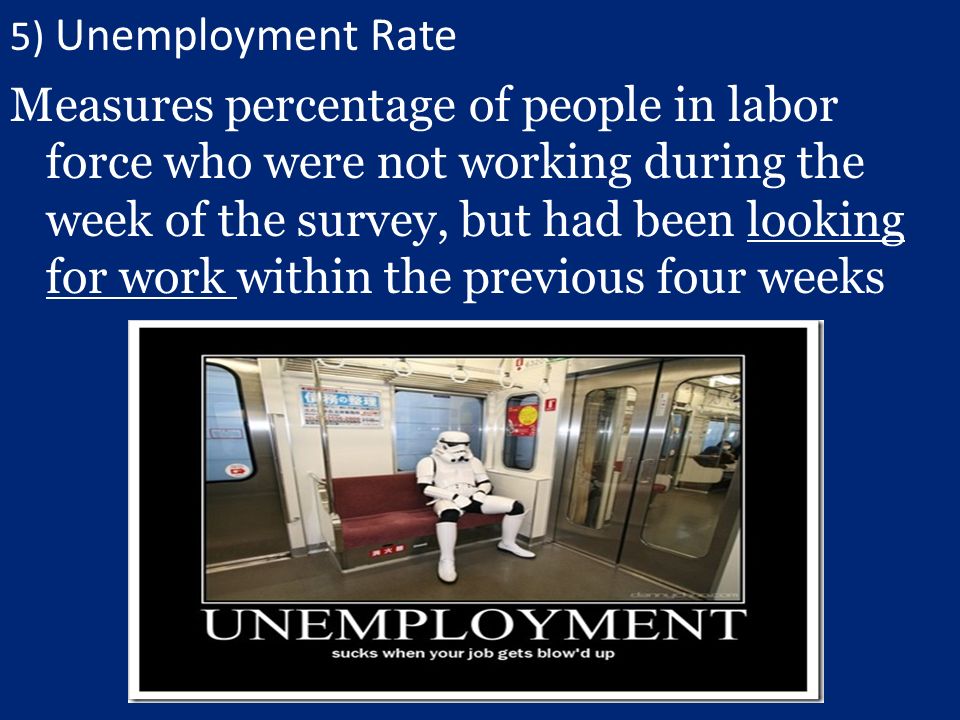 5) Unemployment Rate Measures percentage of people in labor force who were not working during the week of the survey, but had been looking for work within the previous four weeks