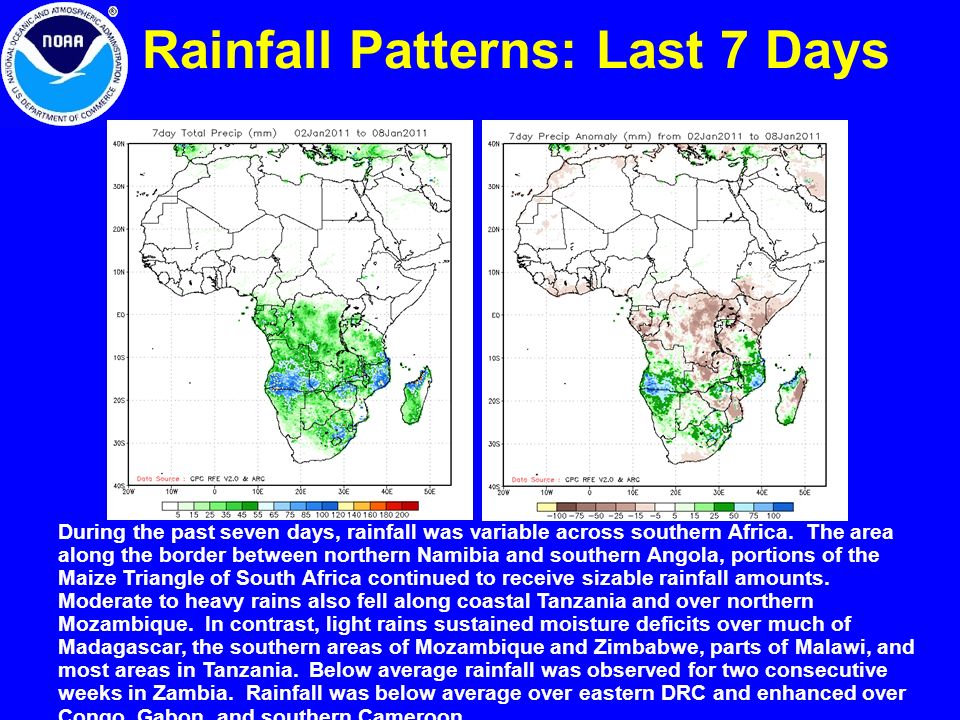 Rainfall Patterns: Last 7 Days During the past seven days, rainfall was variable across southern Africa.