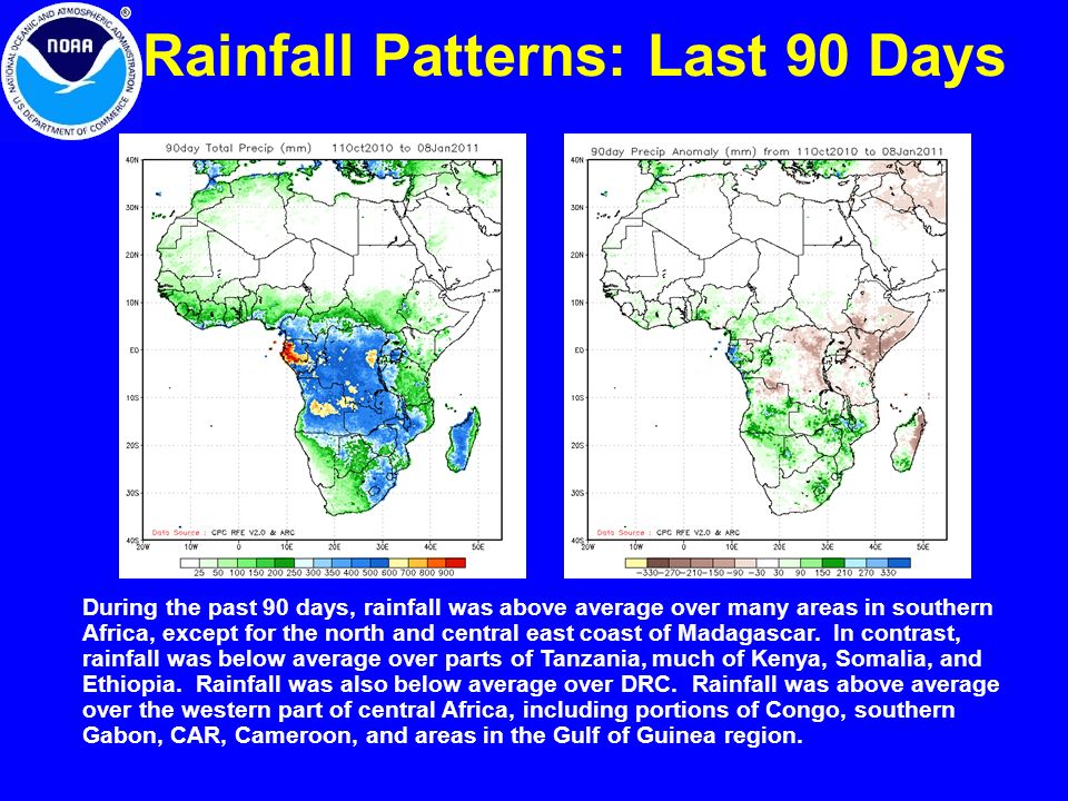 Rainfall Patterns: Last 90 Days During the past 90 days, rainfall was above average over many areas in southern Africa, except for the north and central east coast of Madagascar.