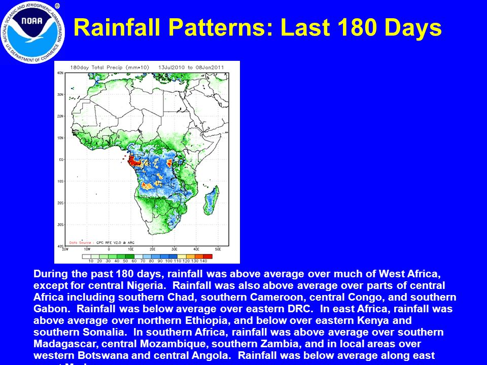 Rainfall Patterns: Last 180 Days During the past 180 days, rainfall was above average over much of West Africa, except for central Nigeria.