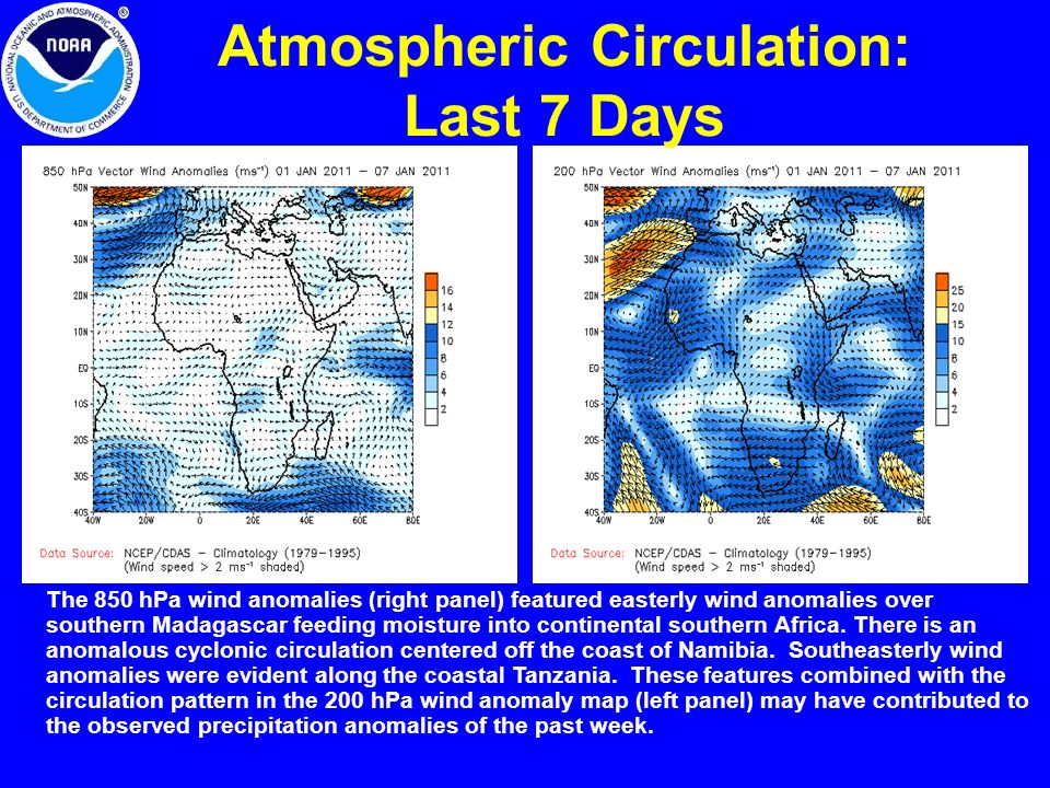 Atmospheric Circulation: Last 7 Days The 850 hPa wind anomalies (right panel) featured easterly wind anomalies over southern Madagascar feeding moisture into continental southern Africa.