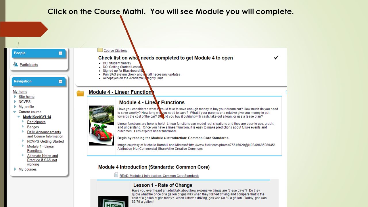 Click on the Course MathI. You will see Module you will complete.