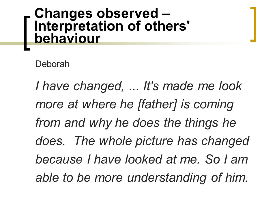 Changes observed – Interpretation of others behaviour Deborah I have changed,...