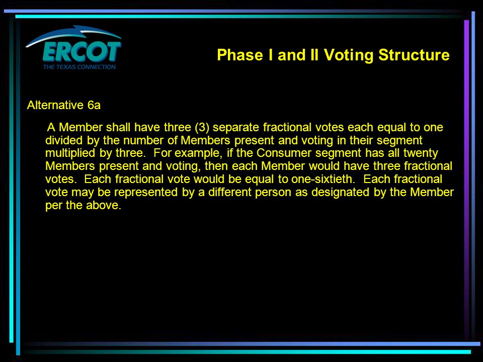 Phase I and II Voting Structure Alternative 6a A Member shall have three (3) separate fractional votes each equal to one divided by the number of Members present and voting in their segment multiplied by three.
