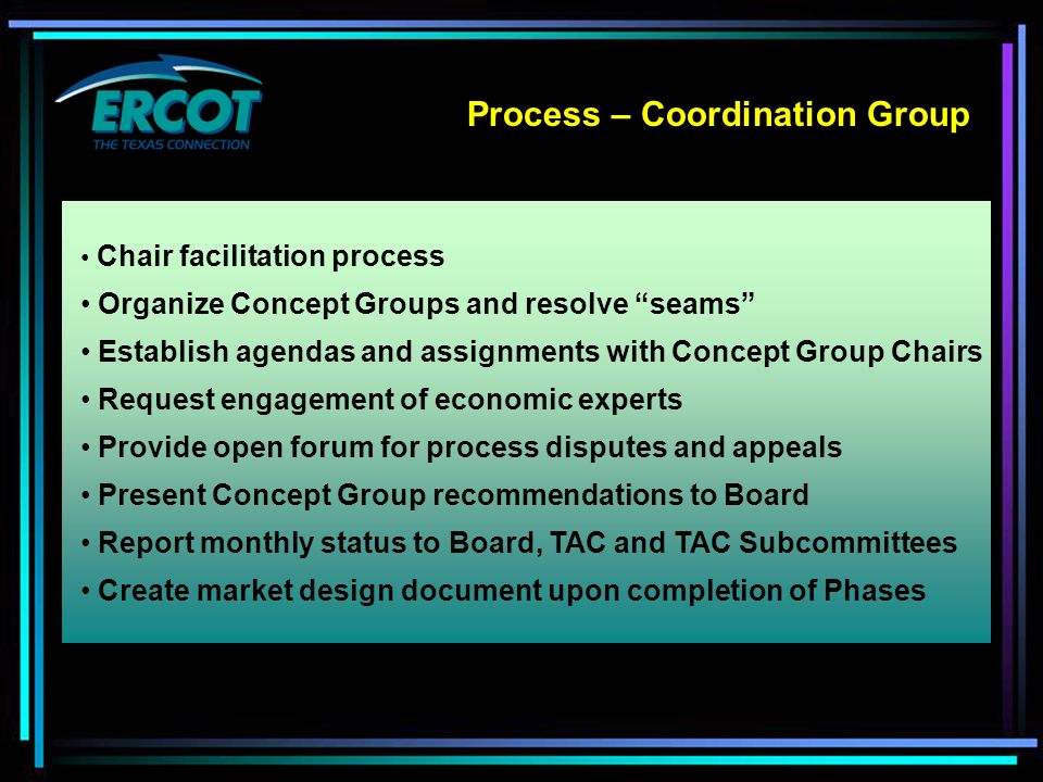 Process – Coordination Group Chair facilitation process Organize Concept Groups and resolve seams Establish agendas and assignments with Concept Group Chairs Request engagement of economic experts Provide open forum for process disputes and appeals Present Concept Group recommendations to Board Report monthly status to Board, TAC and TAC Subcommittees Create market design document upon completion of Phases