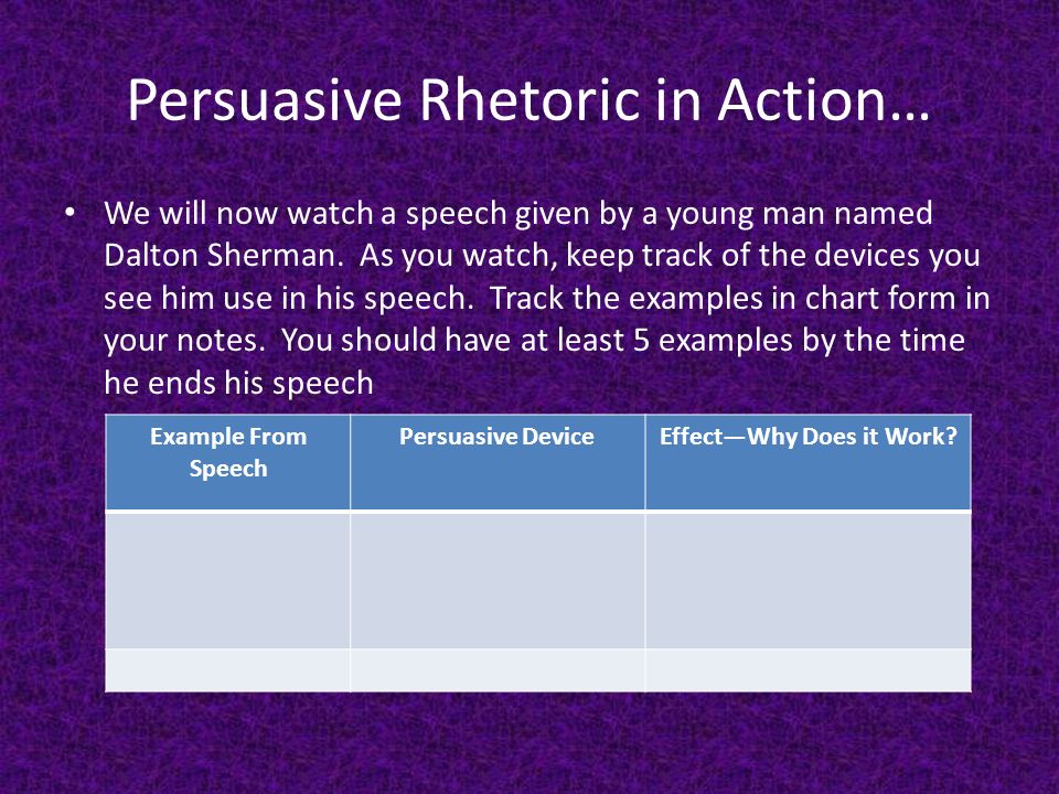 Persuasive Rhetoric in Action… We will now watch a speech given by a young man named Dalton Sherman.