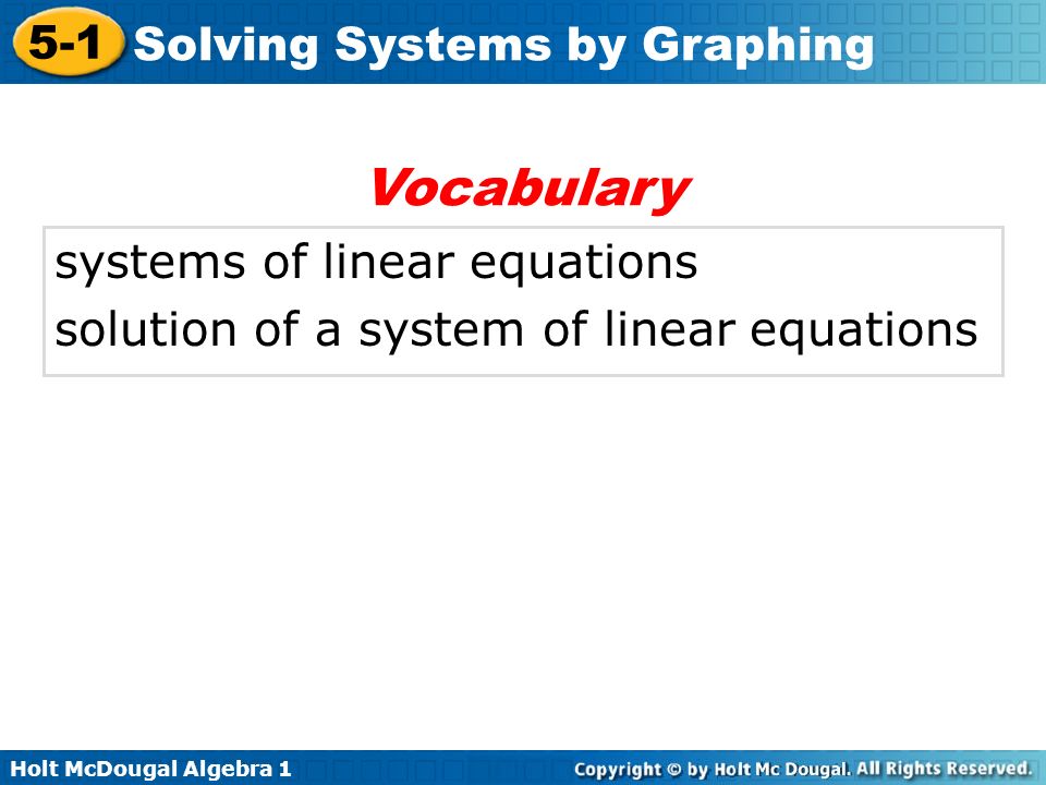 Solving Systems Of Linear Equations By Graphing 2 Holt Mcdougal Algebra 1 5 Solving Systems By Graphing Of Linear Equations Solution