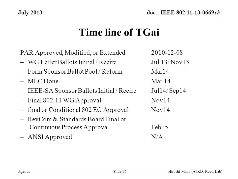 doc.: IEEE r3 Agenda Time line of TGai PAR Approved, Modified, or Extended –WG Letter Ballots Initial / RecircJul 13/ Nov13 –Form Sponsor Ballot Pool / Reform Mar14 –MEC DoneMar 14 –IEEE-SA Sponsor Ballots Initial / Recirc Jul14/ Sep14 –Final WG Approval Nov14 –final or Conditional 802 EC Approval Nov14 –RevCom & Standards Board Final or Continuous Process Approval Feb15 –ANSI ApprovedN/A July 2013 Hiroshi Mano (ATRD, Root, Lab)Slide 26