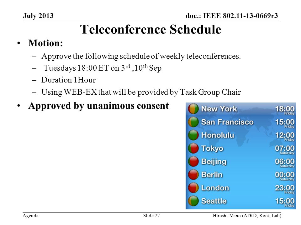 doc.: IEEE r3 Agenda Teleconference Schedule Motion: –Approve the following schedule of weekly teleconferences.
