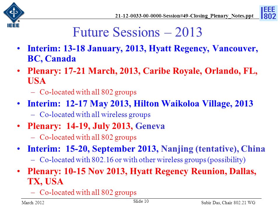 Session#49-Closing_Plenary_Notes.ppt Future Sessions – 2013 Interim: January, 2013, Hyatt Regency, Vancouver, BC, Canada Plenary: March, 2013, Caribe Royale, Orlando, FL, USA –Co-located with all 802 groups Interim: May 2013, Hilton Waikoloa Village, 2013 –Co-located with all wireless groups Plenary: 14-19, July 2013, Geneva –Co-located with all 802 groups Interim: 15-20, September 2013, Nanjing (tentative), China –Co-located with or with other wireless groups (possibility) Plenary: Nov 2013, Hyatt Regency Reunion, Dallas, TX, USA –Co-located with all 802 groups Subir Das, Chair WG Slide 10 March 2012