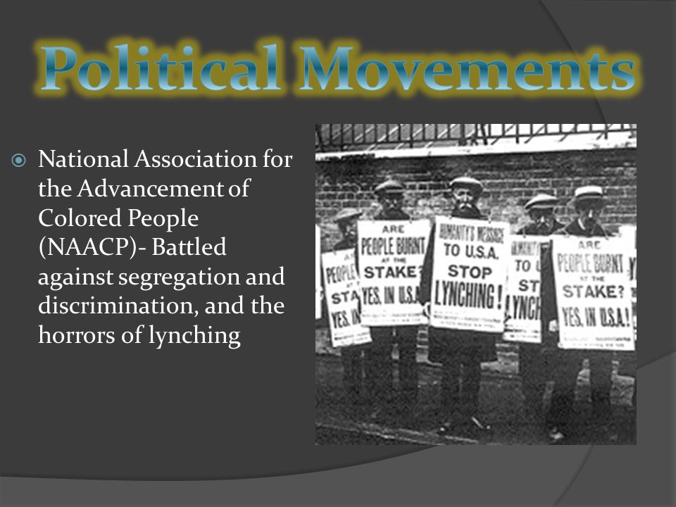  National Association for the Advancement of Colored People (NAACP)- Battled against segregation and discrimination, and the horrors of lynching