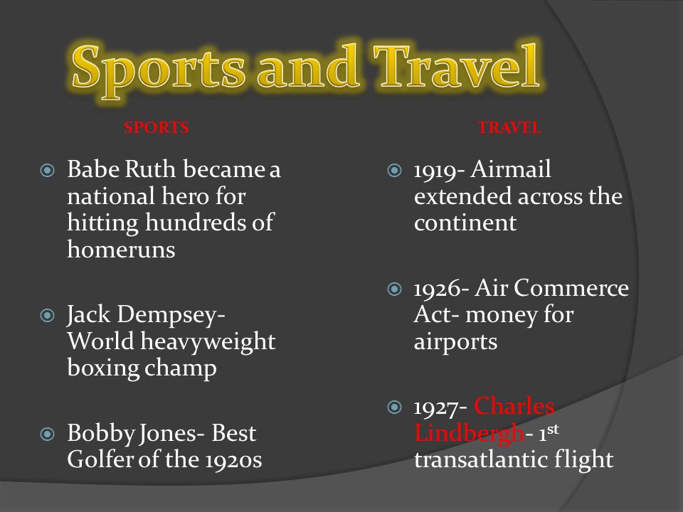  Babe Ruth became a national hero for hitting hundreds of homeruns  Jack Dempsey- World heavyweight boxing champ  Bobby Jones- Best Golfer of the 1920s  Airmail extended across the continent  Air Commerce Act- money for airports  Charles Lindbergh- 1 st transatlantic flight SPORTSTRAVEL