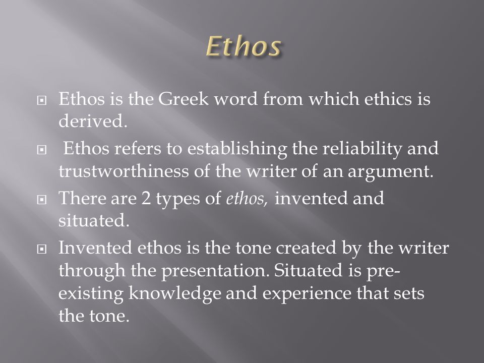  Ethos is the Greek word from which ethics is derived.