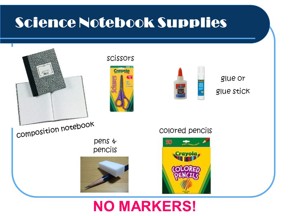 Science Notebook Supplies scissors colored pencils composition notebook NO MARKERS.